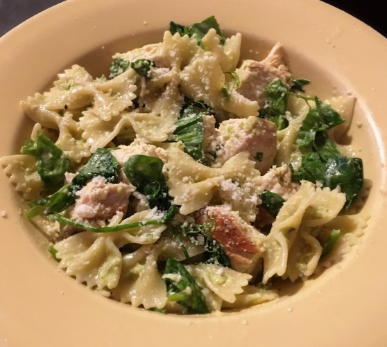 Pasta with chicken, pea shoots, and garlic scape pesto 